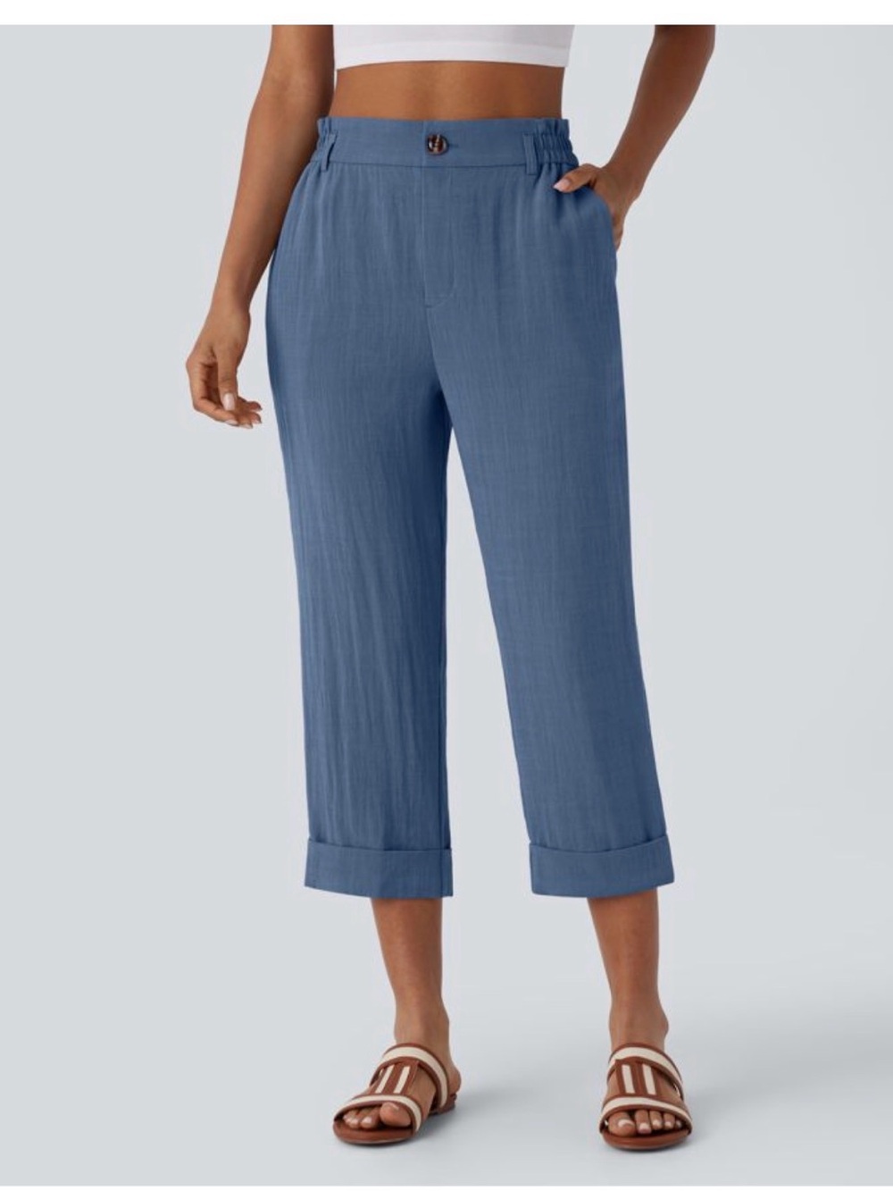 High Waisted Zipper Pocket Cropped Linen Feel Size Medium